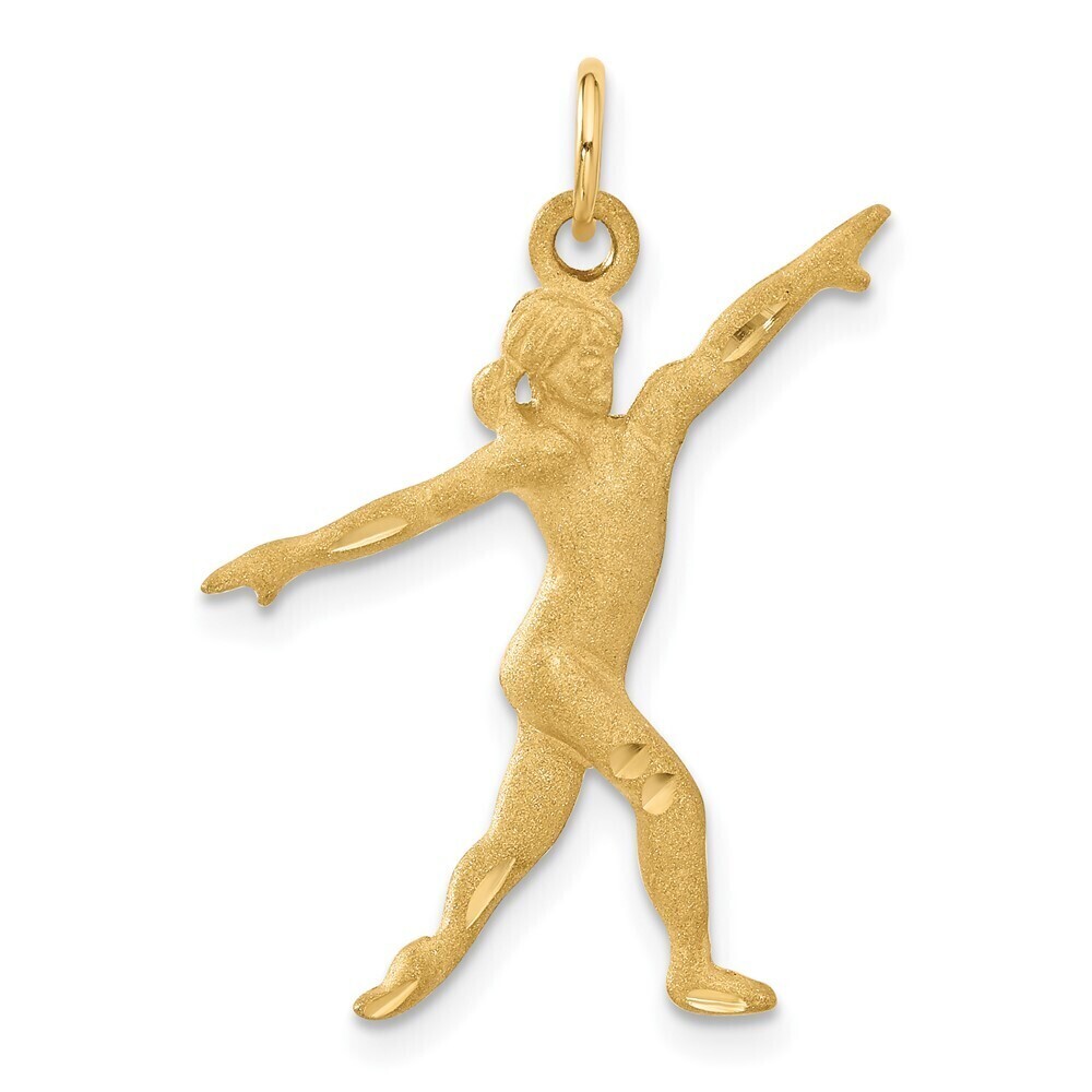 14k Yellow Gold Sports Theme Satin Diamond-cut Gymnast Necklace Charm Pendant